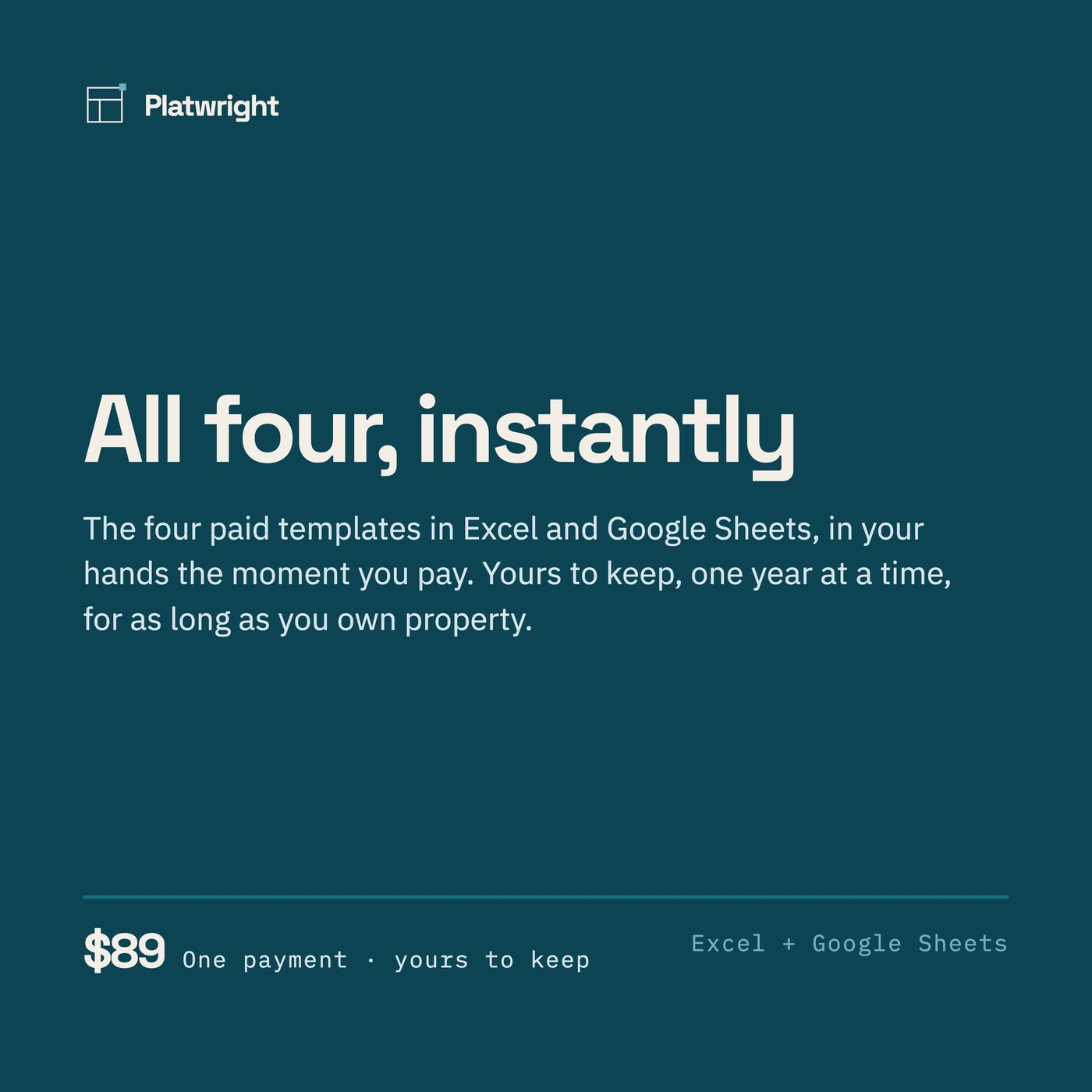 A dark closing panel reading "All four, instantly" with the price $89 and the line one payment, yours to keep.